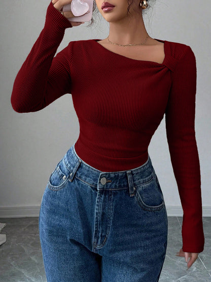 Pleated Asymmetric Hem Long Sleeve Top