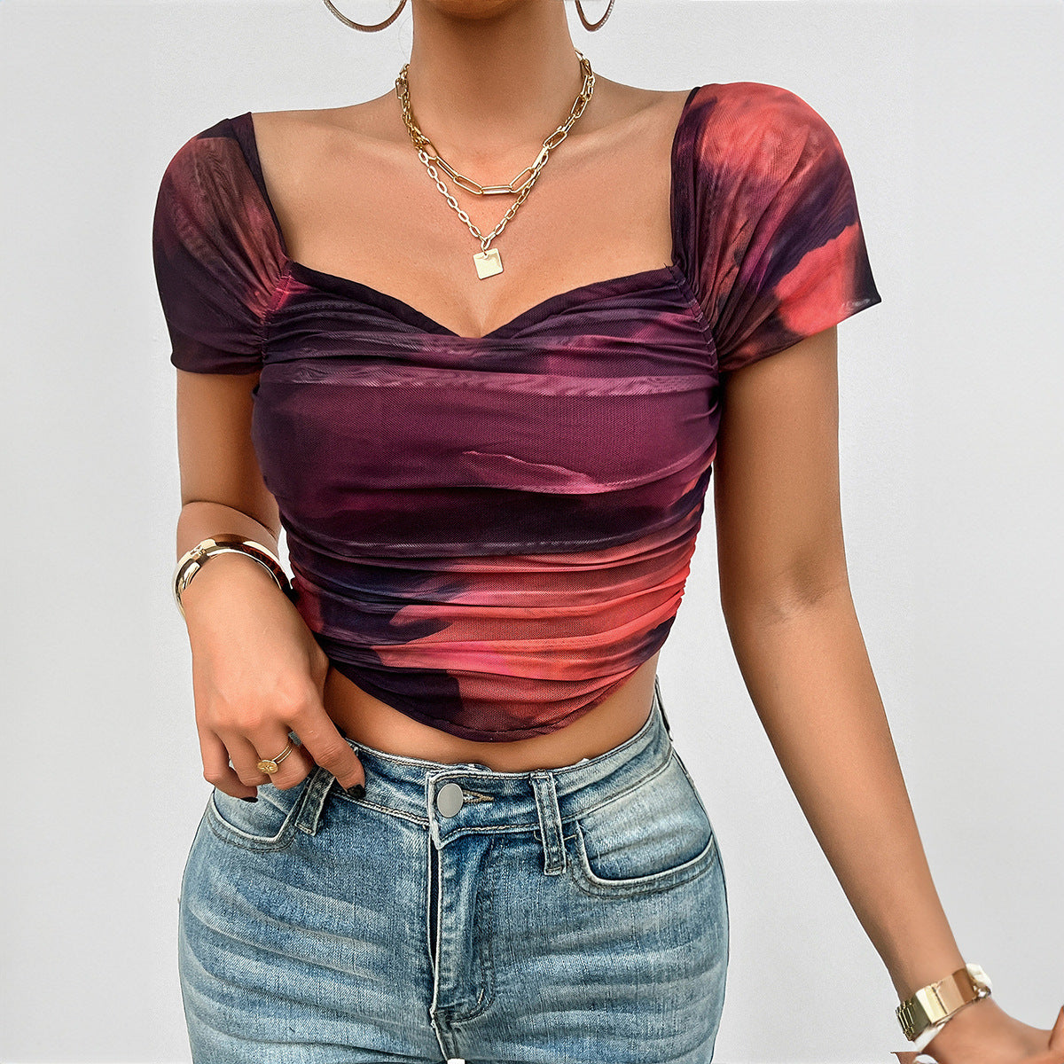 Purple Geometric Print Crop Top