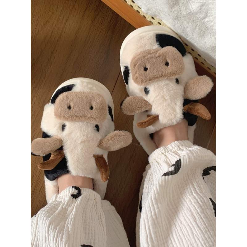 Cow Print Platform Slippers - Cotton
