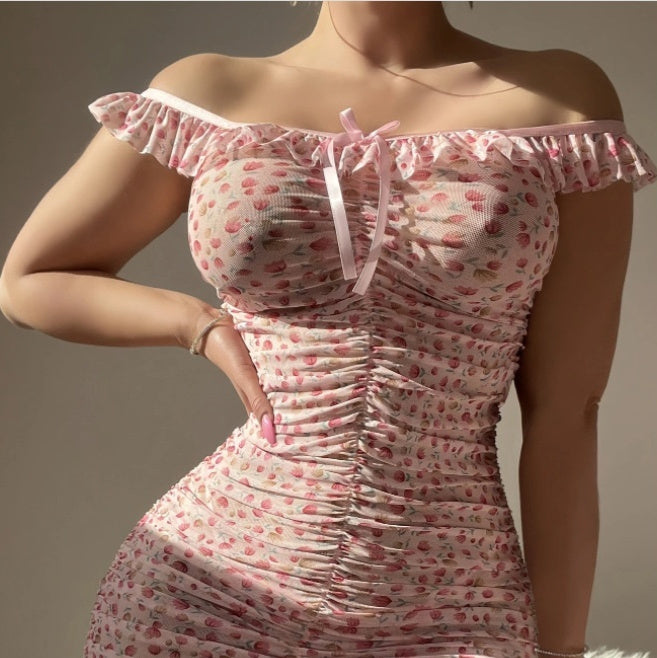 Strawberry Milk Floral Off-Shoulder Mini Dress - Ruffled Hem