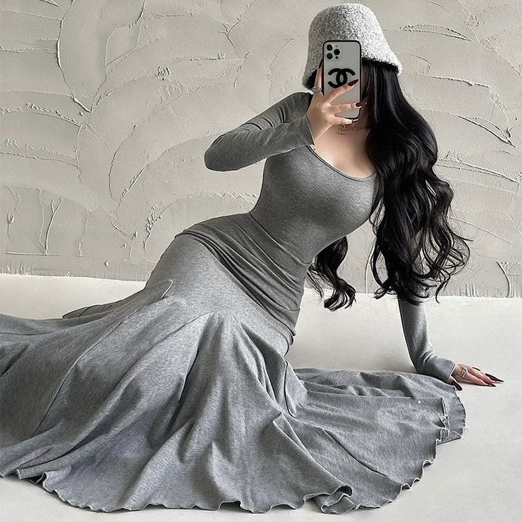 Elegant Fishtail Maxi Dress - Long Sleeve