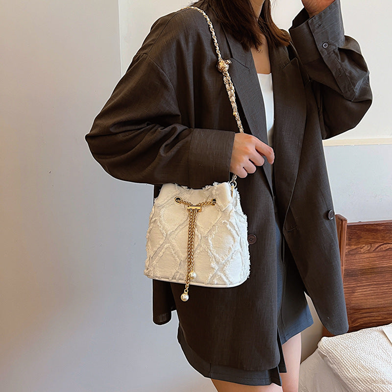 Soft Denim Bucket Bag with Chain Strap - Crossbody