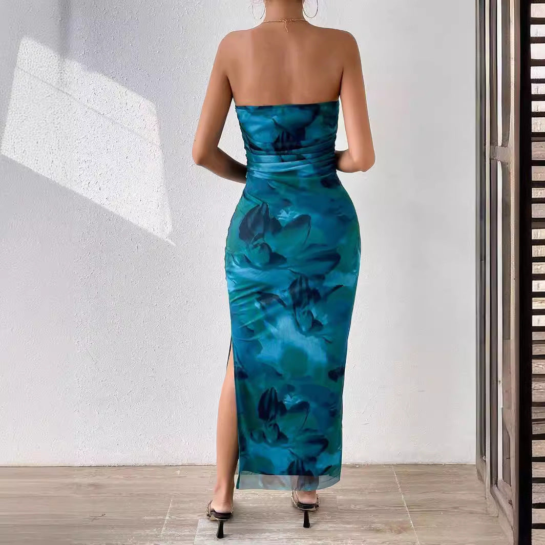 Mesh Overlay Strapless Bodycon Maxi Dress
