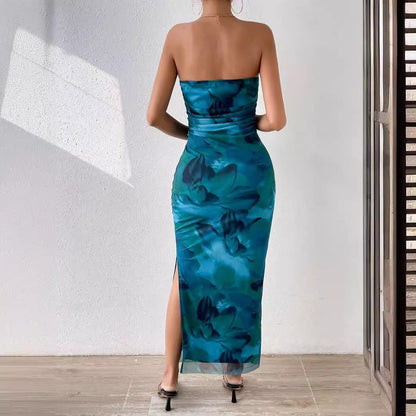 Mesh Overlay Strapless Bodycon Maxi Dress