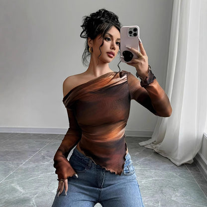 Tie-Dye Print Asymmetric Long Sleeve Top