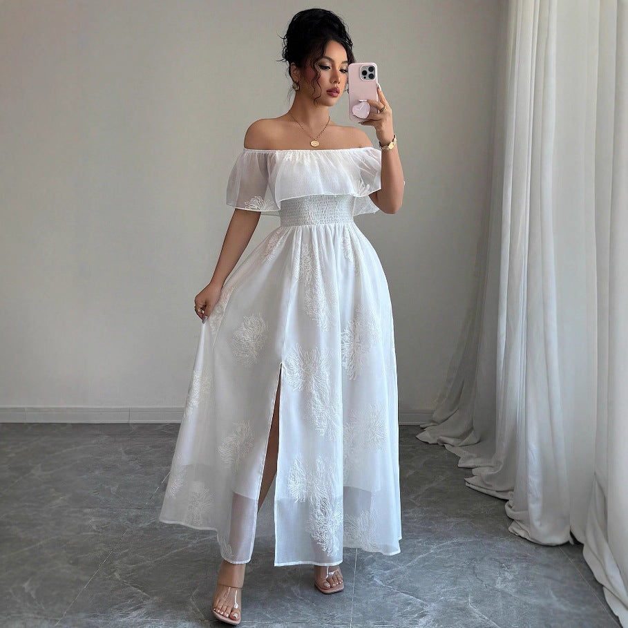 French Ruffled Off-Shoulder Maxi Dress - White