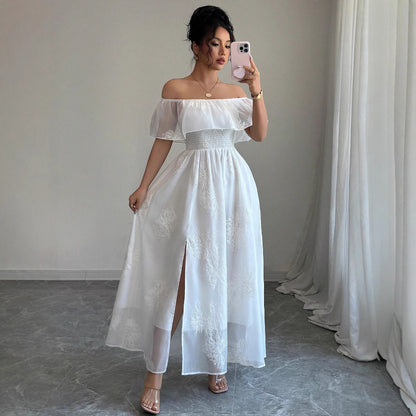 French Ruffled Off-Shoulder Maxi Dress - White