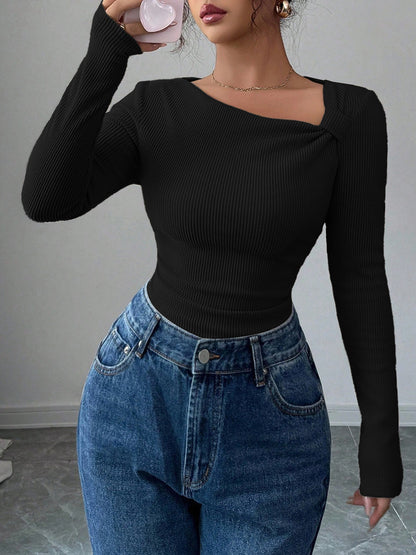 Pleated Asymmetric Hem Long Sleeve Top