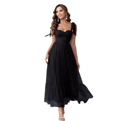 Mesh Overlay Lace-Up Strap Midi Dress