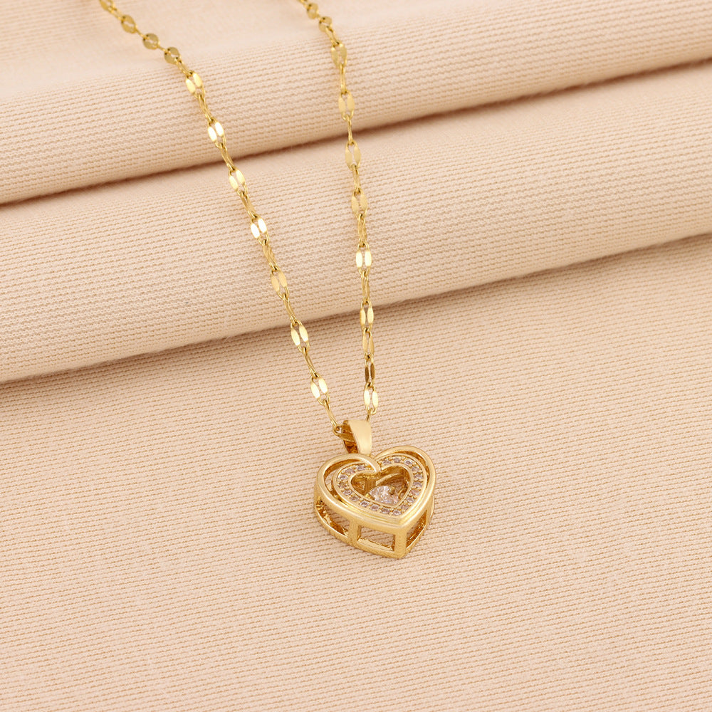 Love Necklace with Double-layer Pendant and Rhinestones