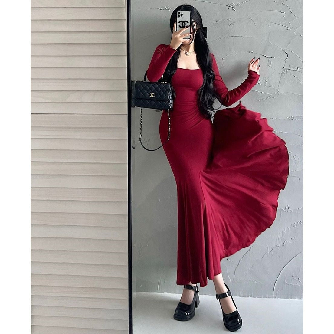 Elegant Fishtail Maxi Dress - Long Sleeve