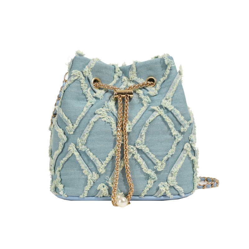 Soft Denim Bucket Bag with Chain Strap - Crossbody