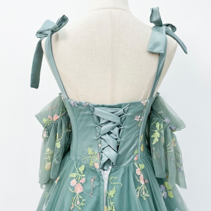 Green Floral Off-Shoulder A-Line Dress