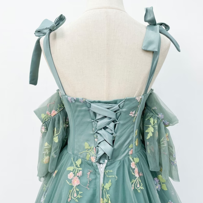 Green Floral Off-Shoulder A-Line Dress