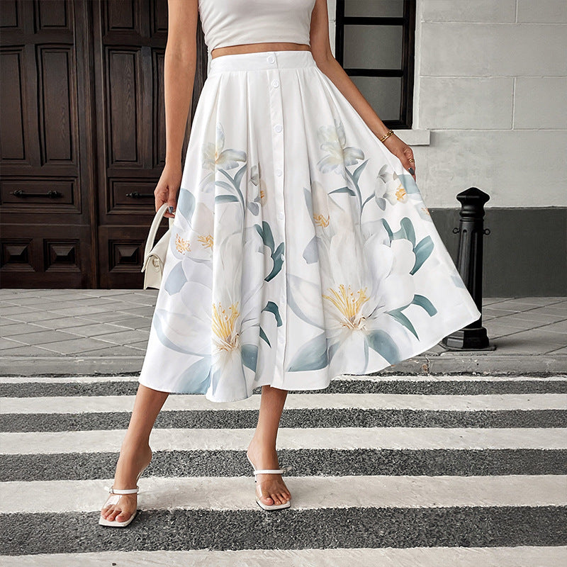 Floral Embroidered Button-Front Midi Skirt