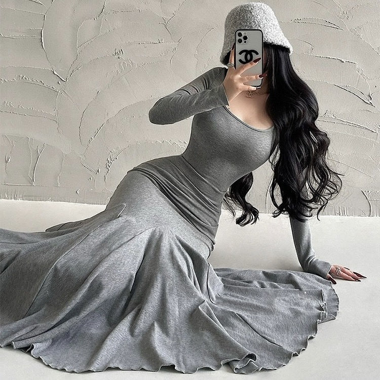 Elegant Fishtail Maxi Dress - Long Sleeve