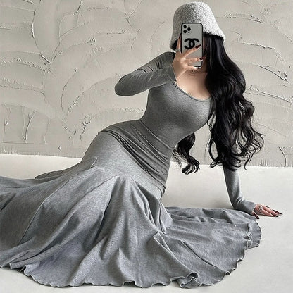 Elegant Fishtail Maxi Dress - Long Sleeve