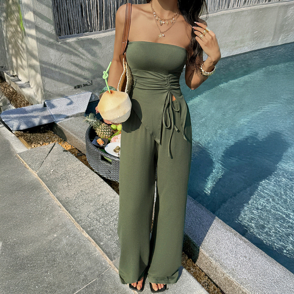 Green Drawstring Top and Pants Set