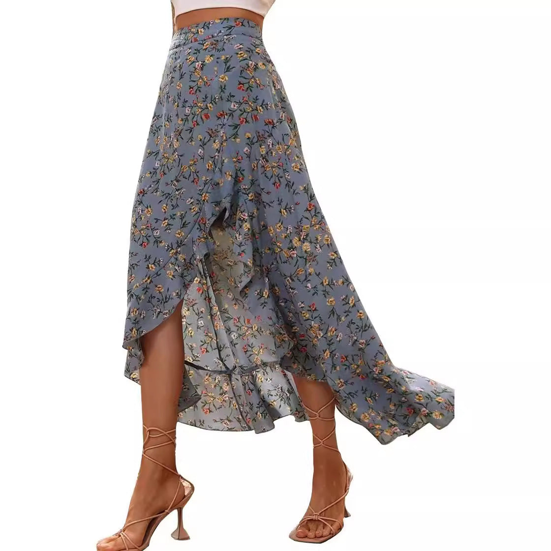 Floral Print Ruffle Slit Skirt