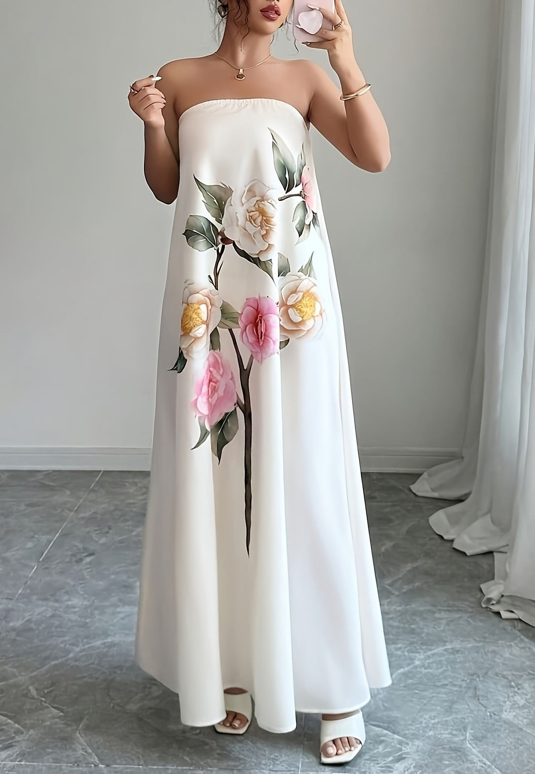 White Floral Strapless Maxi Dress