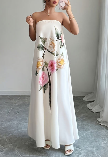 White Floral Strapless Maxi Dress