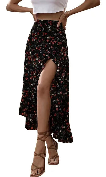 Floral Print Ruffle Slit Skirt