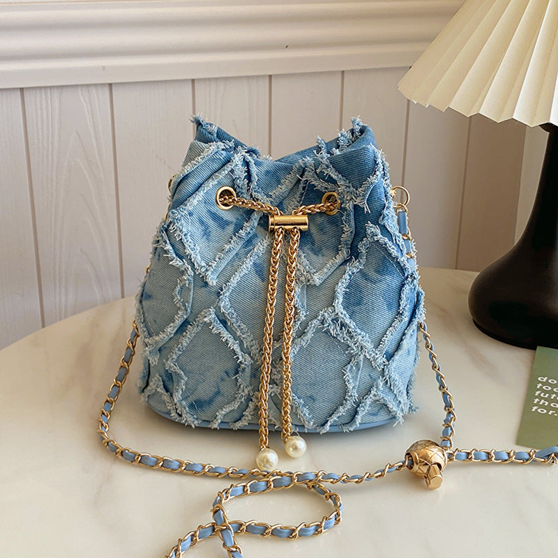 Soft Denim Bucket Bag with Chain Strap - Crossbody
