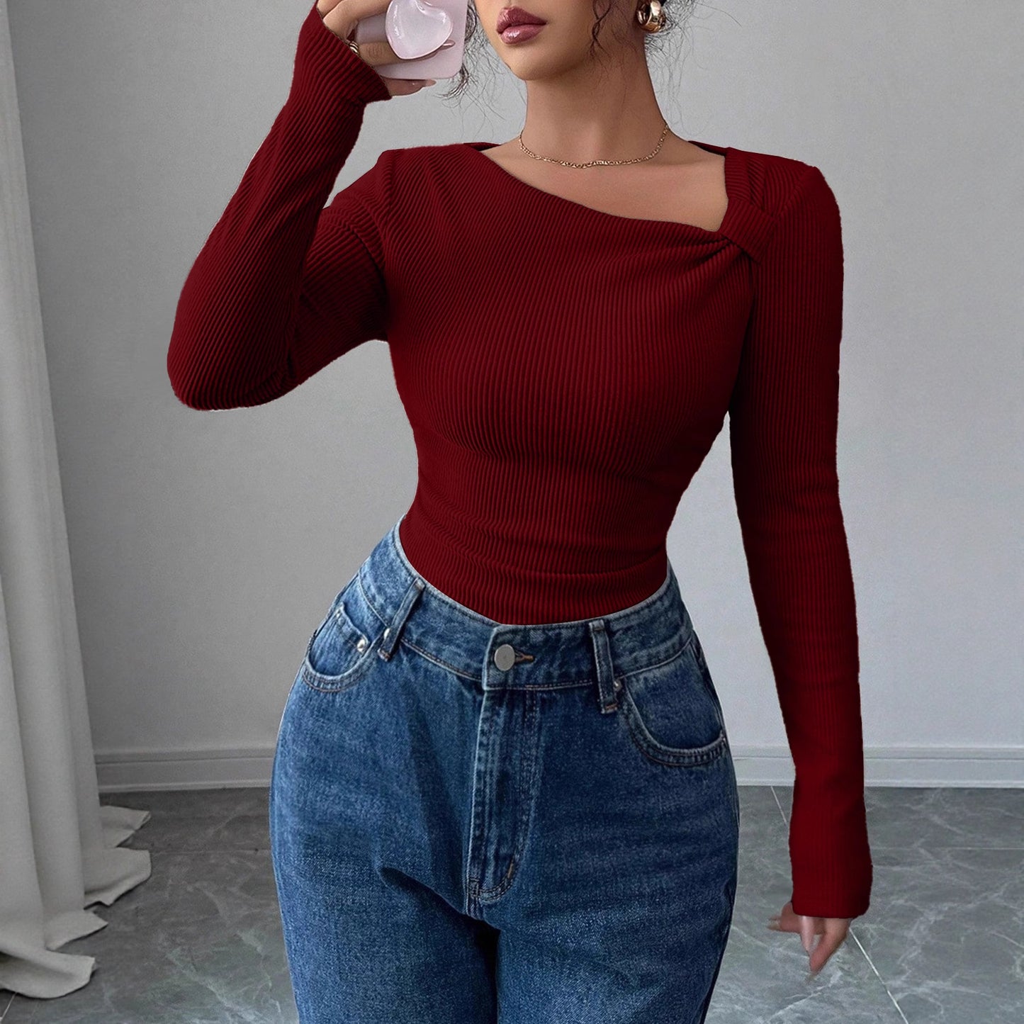 Pleated Asymmetric Hem Long Sleeve Top