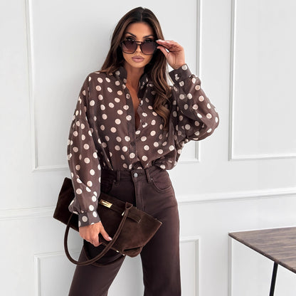 Brown Polka Dot Long Sleeve Blouse