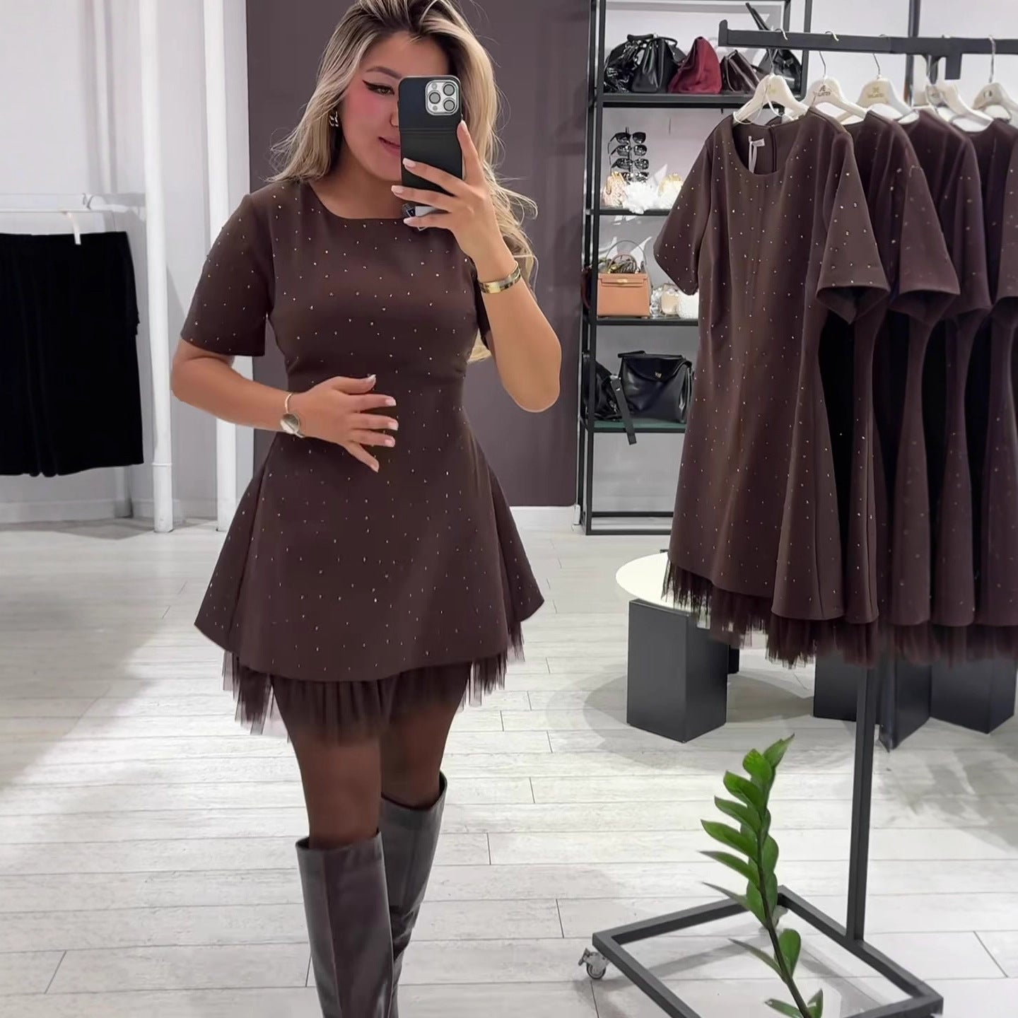 Rhinestone Lace Trim A-Line Dress - Short Sleeve