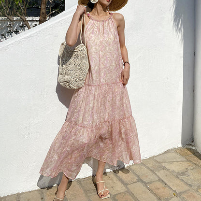 Textured Chiffon Spaghetti Strap Dress - Light Pink