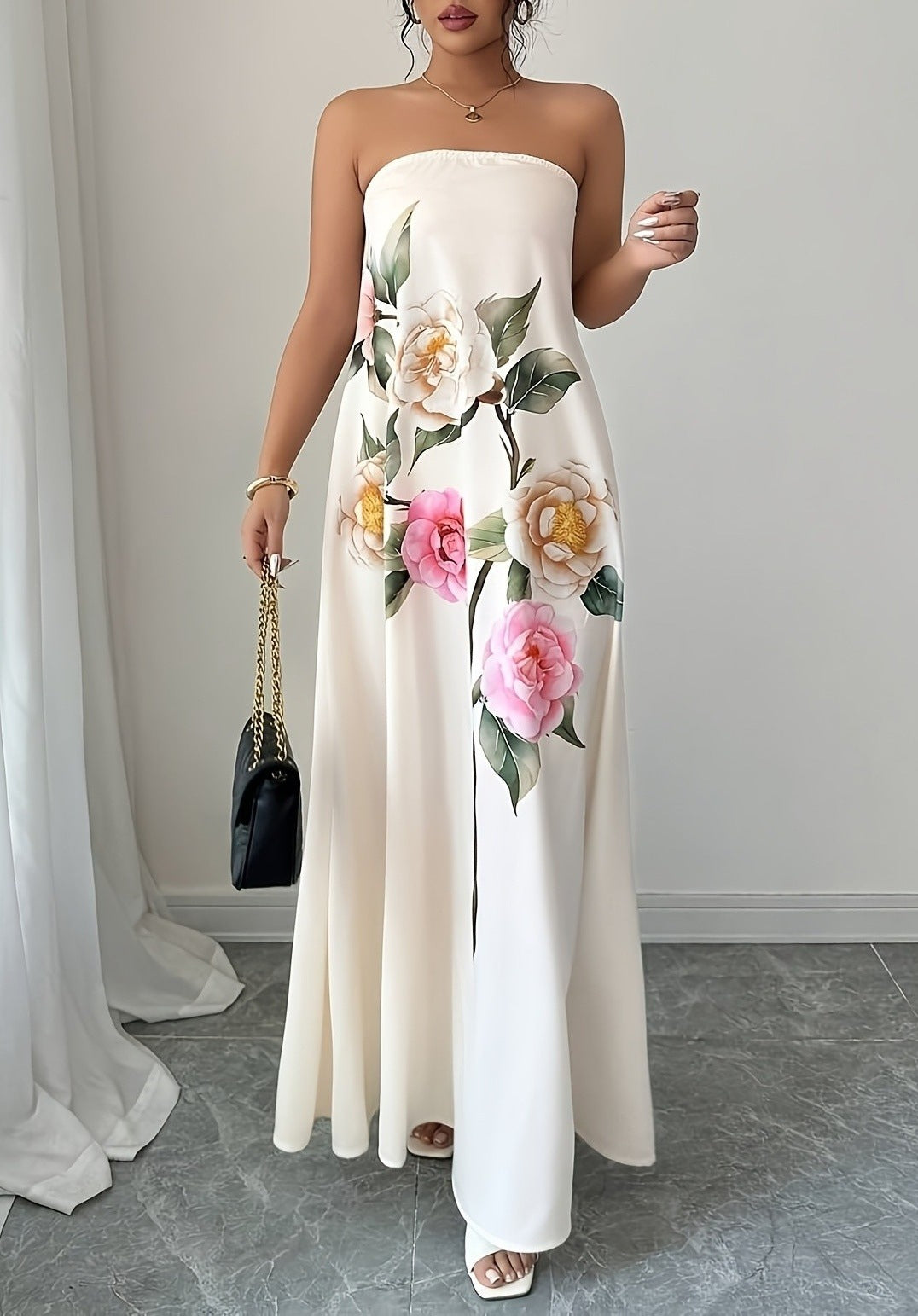 White Floral Strapless Maxi Dress