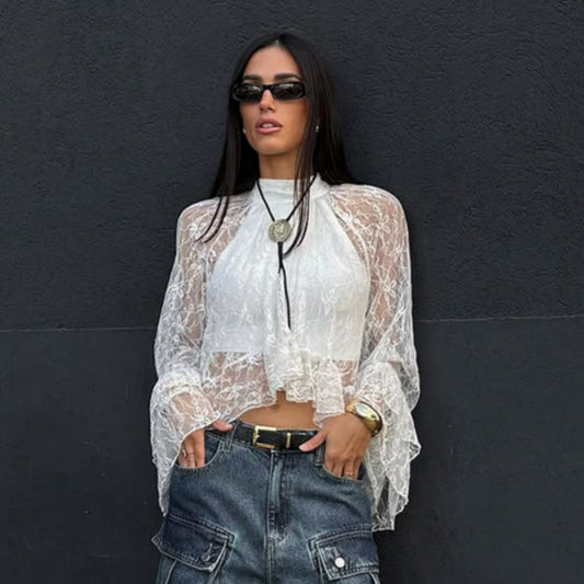 White Floral Lace High Neck Blouse