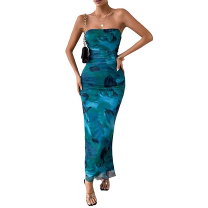 Mesh Overlay Strapless Bodycon Maxi Dress