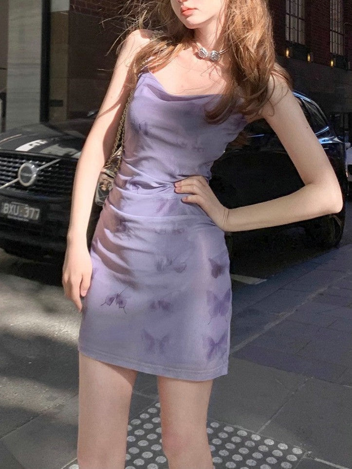 Purple Butterfly Floral Slip Dress
