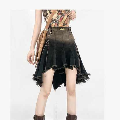 Asymmetric High Waist Denim Skirt