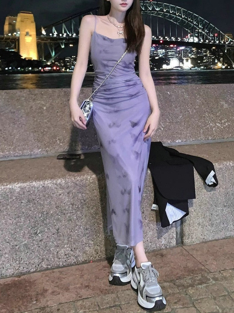 Purple Butterfly Floral Slip Dress