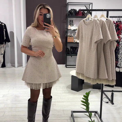 Rhinestone Lace Trim A-Line Dress - Short Sleeve