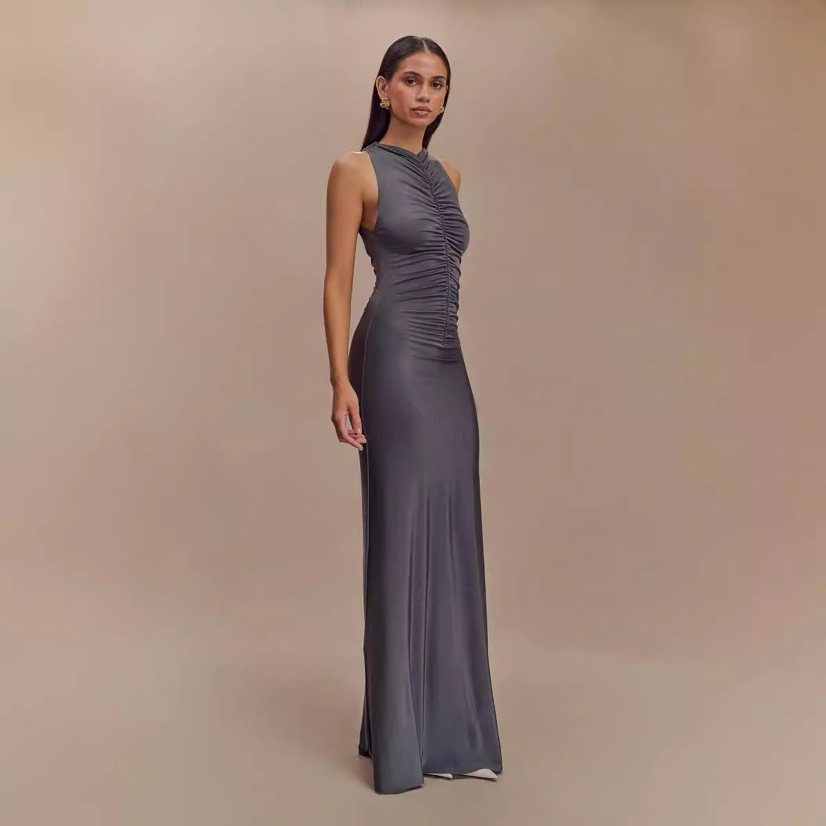 Ruched Sleeveless Maxi Dress - Milk Silk