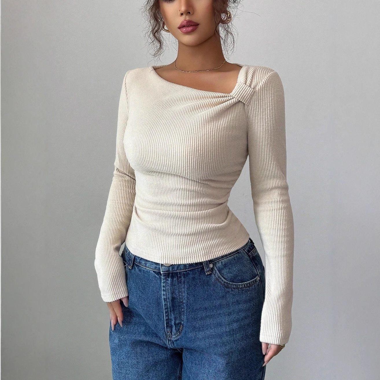 Pleated Asymmetric Hem Long Sleeve Top