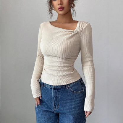 Pleated Asymmetric Hem Long Sleeve Top