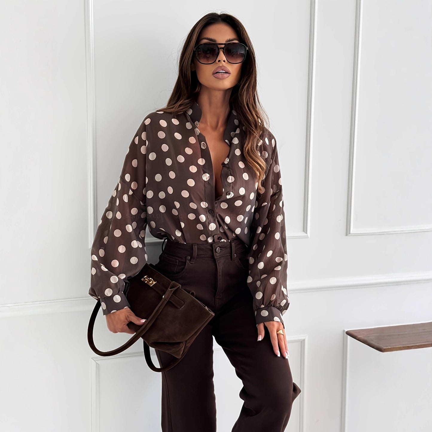 Brown Polka Dot Long Sleeve Blouse
