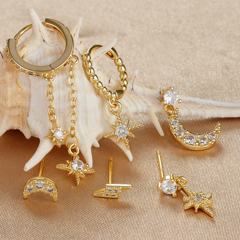 Celestial Chain Tassel, Zircon Stud, and Eardrop Earrings Set