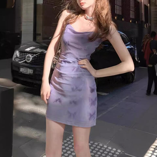 Purple Butterfly Floral Slip Dress