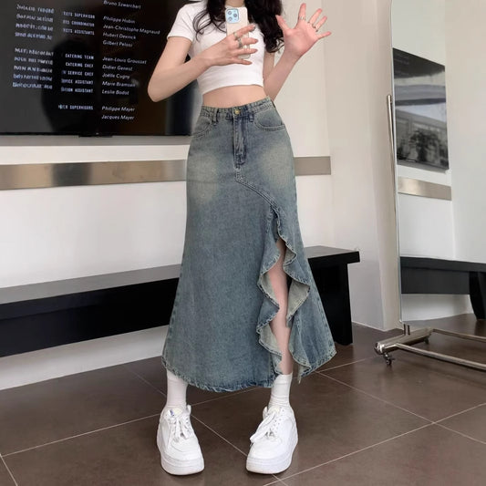 Asymmetric Fishtail Denim Skirt