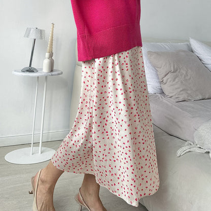 Rose Print High Waist Midi Skirt