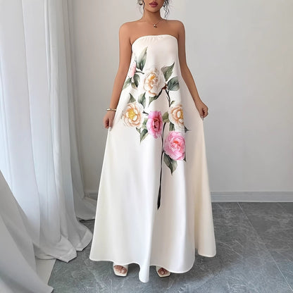 White Floral Strapless Maxi Dress