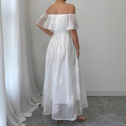 French Ruffled Off-Shoulder Maxi Dress - White