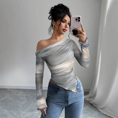Tie-Dye Print Asymmetric Long Sleeve Top