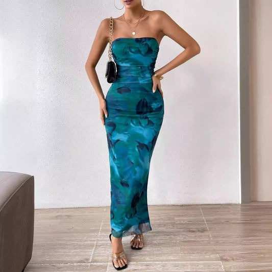 Mesh Overlay Strapless Bodycon Maxi Dress